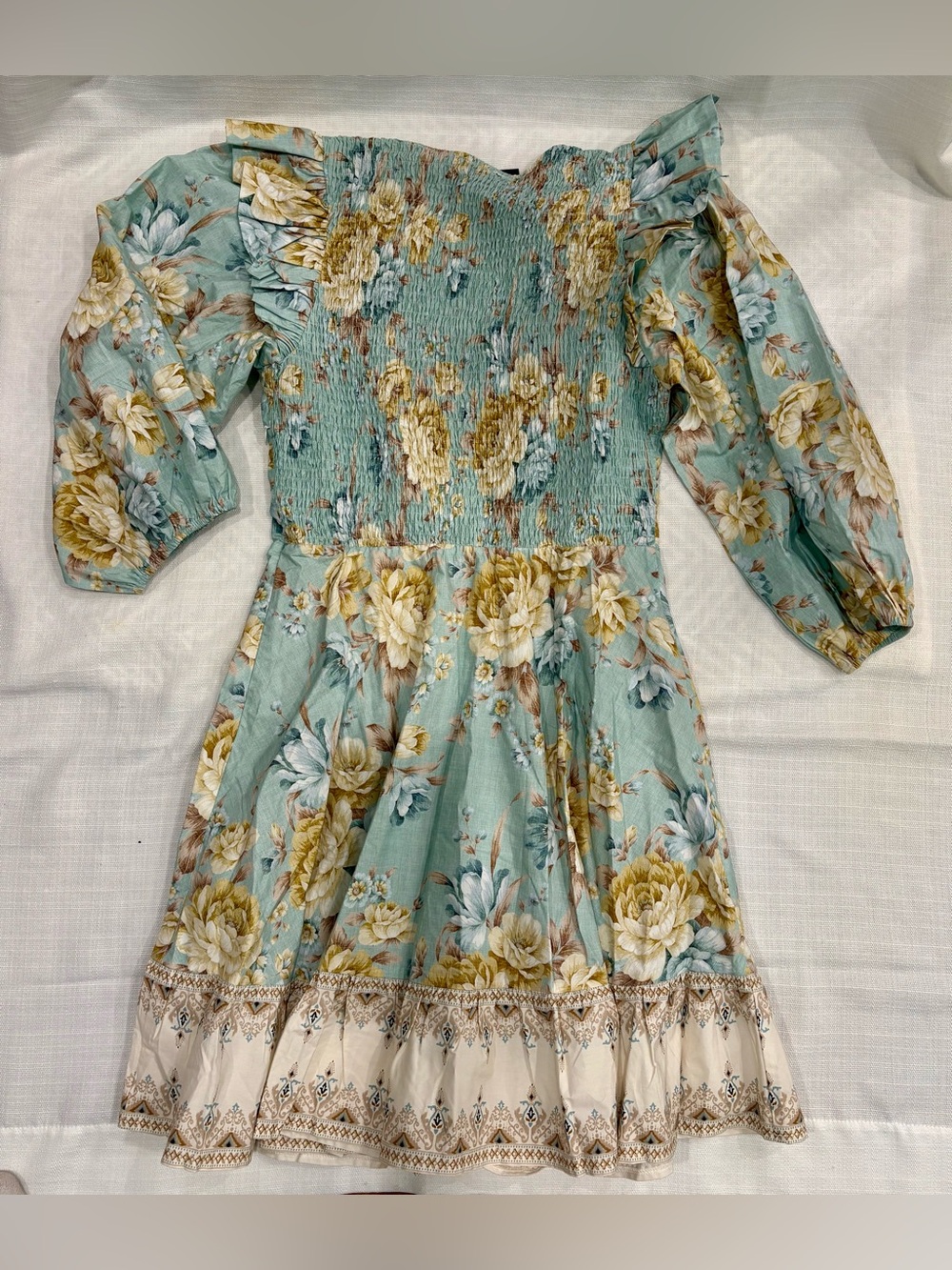 Trish Scully NWT Floral Puff-Sleeve Mini Dress in Mint Green and Cream - Picture 3 of 3